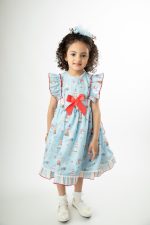 فستان بناتي بتفاصيل طبعة وفيونكه